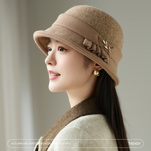 毛呢帽子女士秋冬天新款显脸小礼帽赫本风法式优雅复古渔夫帽盆帽