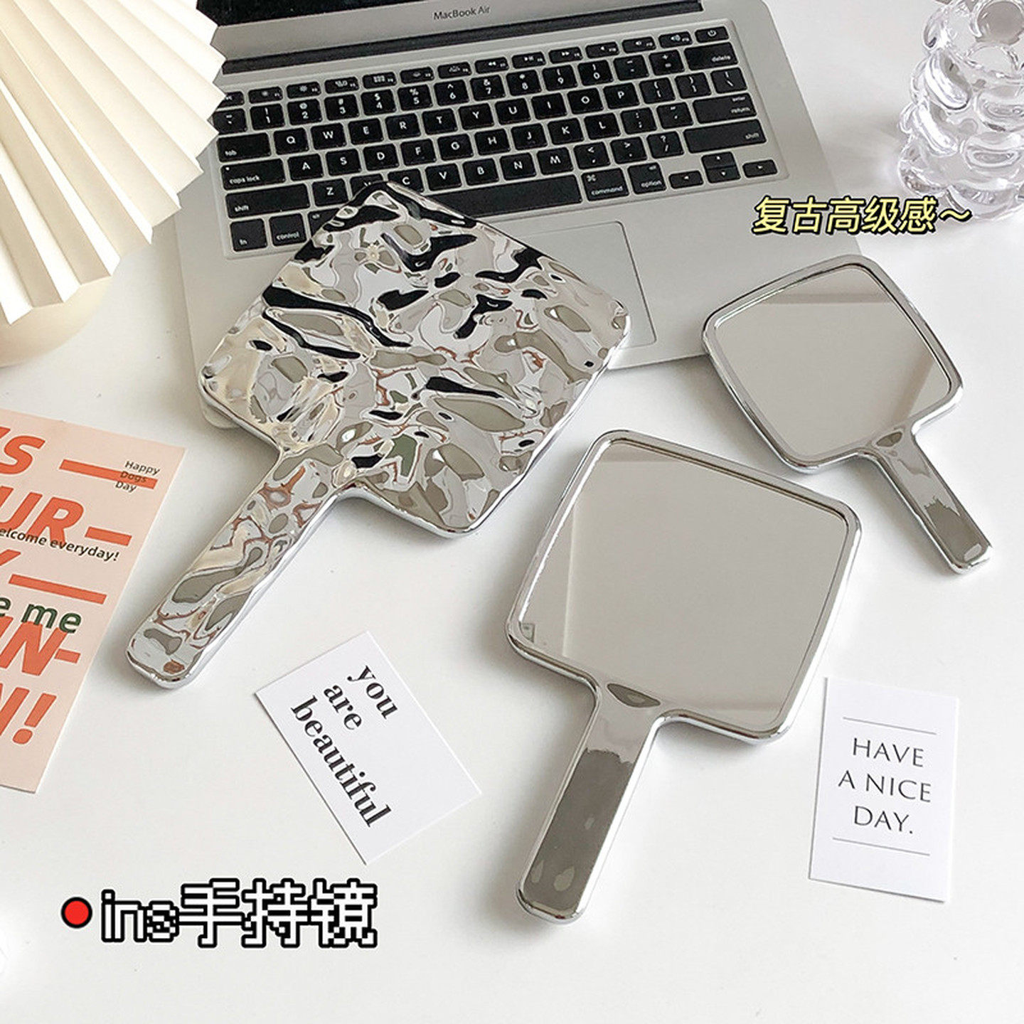 手持镜子美容院专用手拿手柄化妆镜纹绣牙科高清ins风便携小镜子