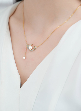 堤喜纯银几何吊坠项链镶钻珍珠