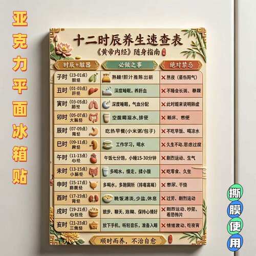 十二时辰养生速查表亚克力平面冰箱贴现代健康生活中医馆磁贴