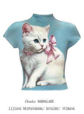 大码胖mm蓝灰色小白猫褶皱衫T恤显瘦甜酷个性夏季印花短袖上衣女