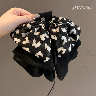 雪纺鲨鱼夹蝴蝶结小狐狸印花布艺发夹新款高端后脑勺抓夹洋气发饰