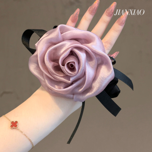法式复古立体玫瑰花发圈纯欲风缎面气质发绳时尚扎低马尾头花皮筋
