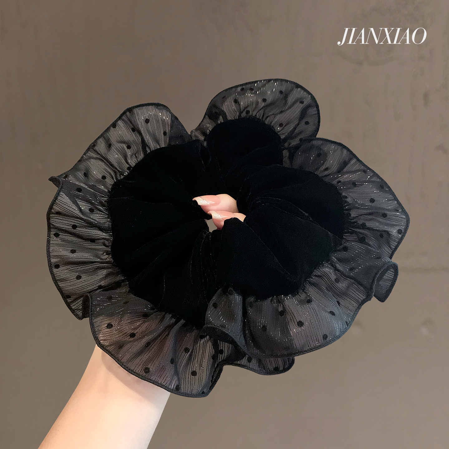 韩系黑色丝绒波点大肠发圈慵懒风丸子头花超大号气质头绳秋冬皮筋