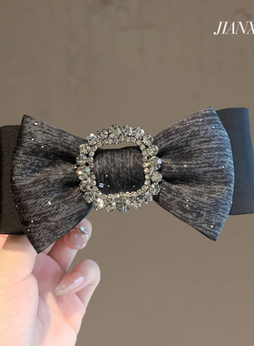 小香风复古方扣水钻蝴蝶结发夹黑灰色缎面高级感懒人弹簧夹子头饰