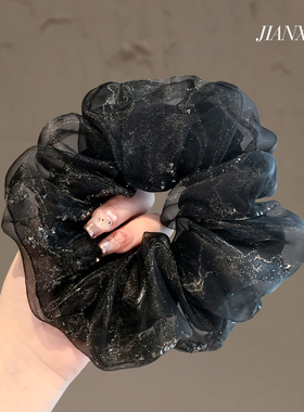 复古黑色雪纱发圈仙气闪亮头绳高级感水钻肥肠圈扎马尾丸子头花女