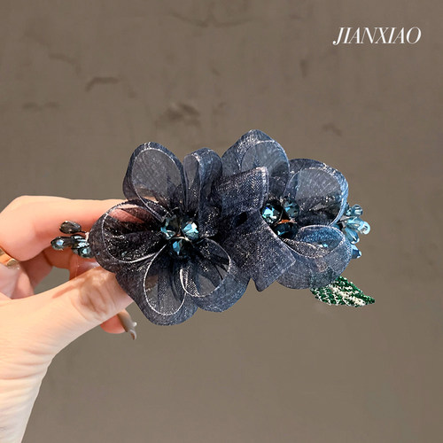 法式复古风蓝色立体花朵弹簧夹子优雅水钻半扎盘发夹精致轻奢边夹