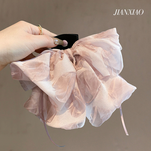 甜美粉色系春夏蝴蝶结马尾抓夹精致飘带印花半扎发头饰高端发夹女