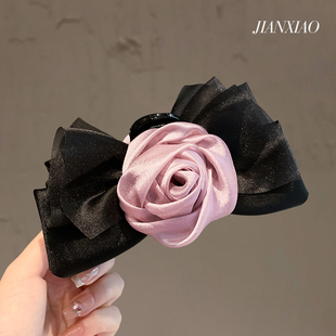 温柔浪漫纯欲风玫瑰蝴蝶结抓夹高级感气质鲨鱼夹洋气发夹 轻奢新款