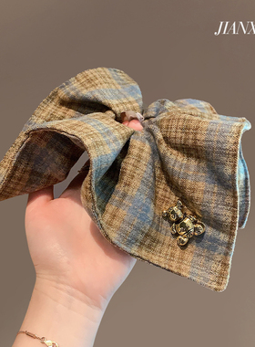 日韩撞色格纹方形宽边肥肠圈洋气立体小熊布艺丸子头盘发头绳发圈