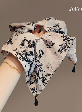 韩国发饰高级精致新中式灰色水墨画印花流苏小方巾发圈大肠圈发绳