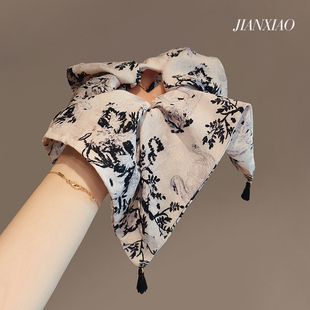 韩国发饰高级精致新中式 灰色水墨画印花流苏小方巾发圈大肠圈发绳