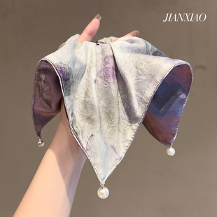 莫奈油画缎面紫色方巾大肠发圈高级感珍珠吊坠橡皮筋弹力盘发头绳