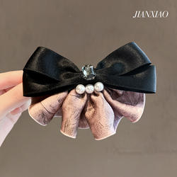 珍珠蝴蝶结懒人弹簧夹甜美裙边藕粉色优雅后脑勺半扎发夹子一字夹