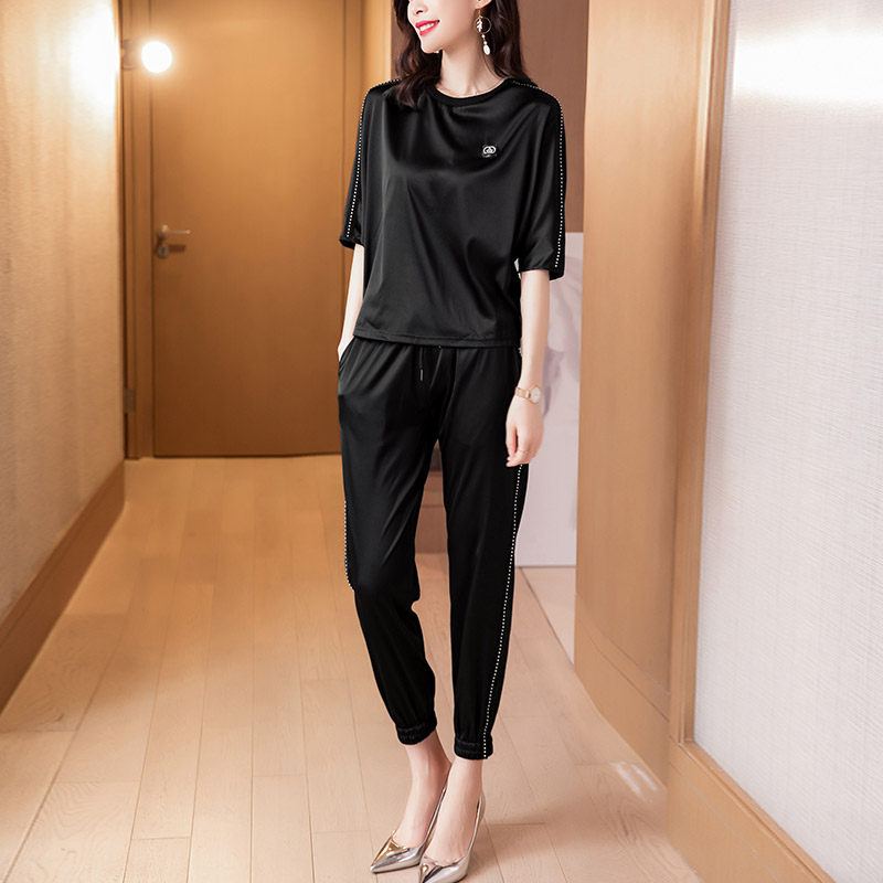 夏季重磅缎面真丝套装女桑蚕丝时尚洋气上衣休闲裤气质减龄两件套