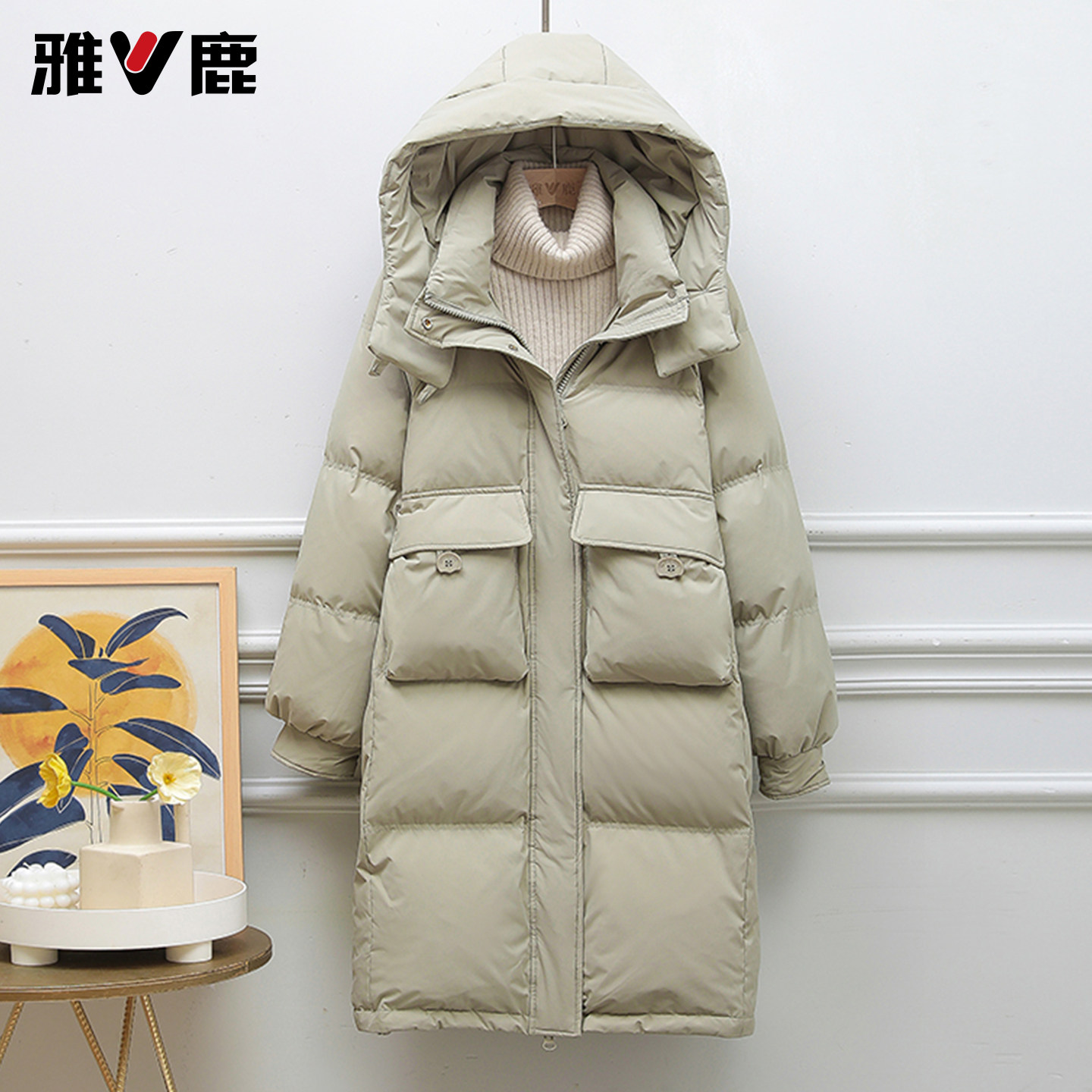 雅鹿女过膝加厚连帽收腰羽绒服