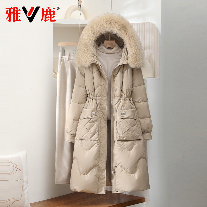 雅鹿防寒中长大毛领保暖羽绒服女