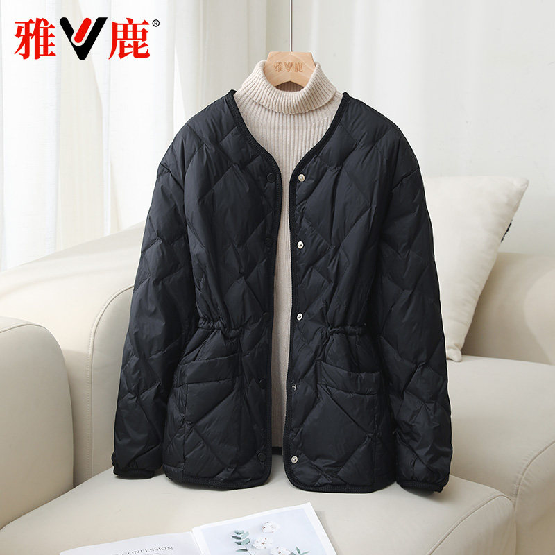 轻薄无领收腰羽绒服单排扣