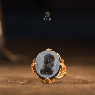 古法蓝色国王印章戒指 男女小众气质轻奢 18k黄金镶嵌原创设计款