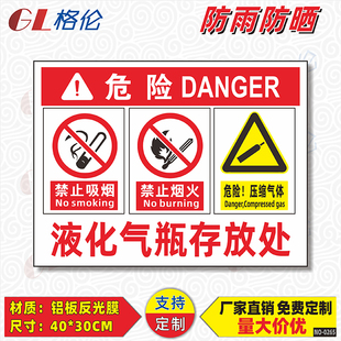 液化气瓶存放处标识牌危险压缩气体气瓶暂放区警示警告标志牌严禁烟火禁止吸烟消防安全提示牌