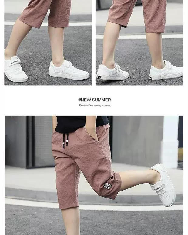 Quần sooc trẻ em nam quần đùi mỏng mùa hè 13 quần dài cắt xén cotton và lanh dành cho trẻ em 12 tuổi 15 quần dài nam vừa và lớn kiểu dáng nước ngoài - Quần