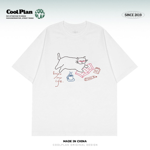 T恤男女宽松圆领纯棉体恤夏季 潮 手绘涂鸦可爱风短袖 慵懒猫咪日常