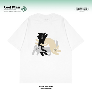 中性BF男女同款 小众设计感卡通学院风慵懒风短袖 美式 趣味缠绕猫