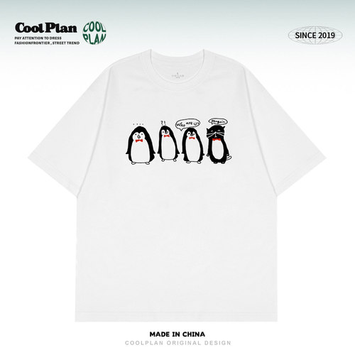 COOLPLAN企鹅卧底趣味涂鸦猫咪短袖t恤纯棉美式小众衣服男女同款