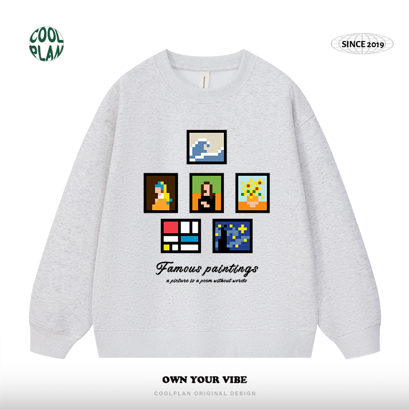 世界名画像素风 重磅美式趣味印花卫衣情侣嘻哈潮流圆领上衣男女