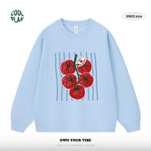 油画番茄圆领卫衣女2025新款 上衣小众 秋冬加厚宽松百搭休闲长袖