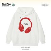 CoolPlan原创美式 复古耳机印花连帽卫衣男女中性百搭情侣休闲外套