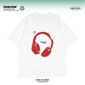 男女中性BF宽松潮重磅短袖 美式 原创小众复古耳机印花T恤夏 体恤