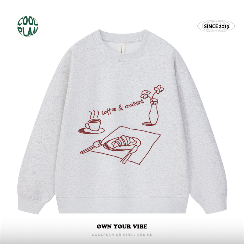 COOLPLAN美式复古手绘早餐面包线条卫衣秋冬重磅上衣小众设计感