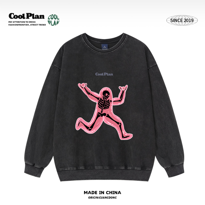 奔跑的骷髅|趣味圆领无帽卫衣水洗色oversize美式高街男女秋冬