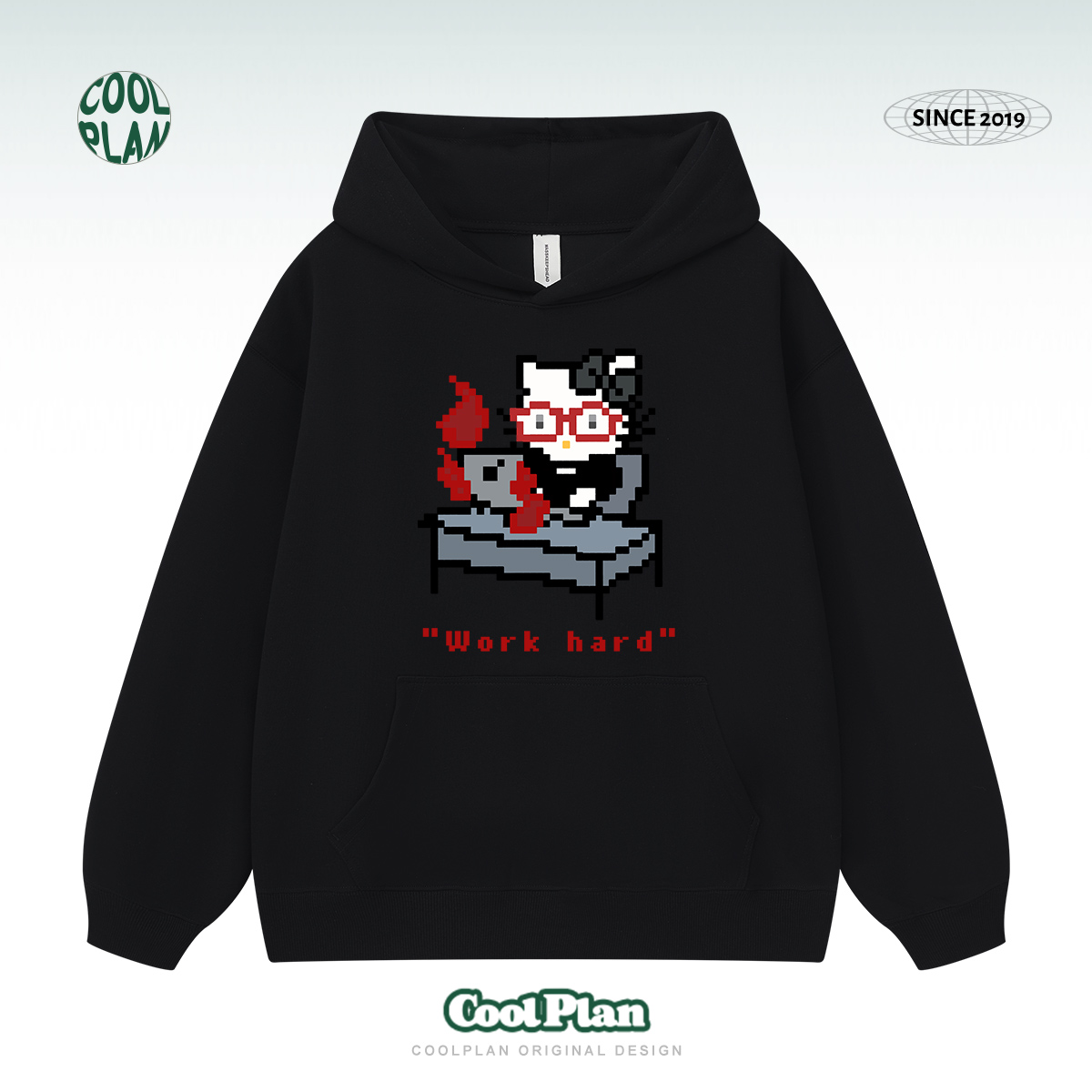 ins韩系甜美卡通像素猫印花连帽卫衣女秋冬季宽松百搭少女感外套