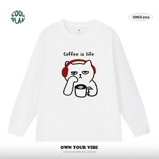 美式 喝咖啡 猫 侣春秋男女 手绘猫咪T恤慵懒松弛感趣味长袖