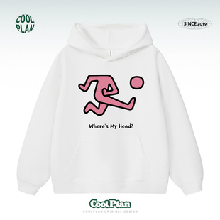 上衣潮百搭 趣味印花连帽卫衣秋冬情侣卡通套头衫 「我 头呢」美式