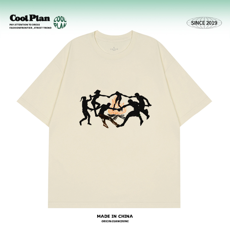 CoolPlan原创小众复古篝火舞艺术感手绘人物潮牌t恤纯棉高街短袖