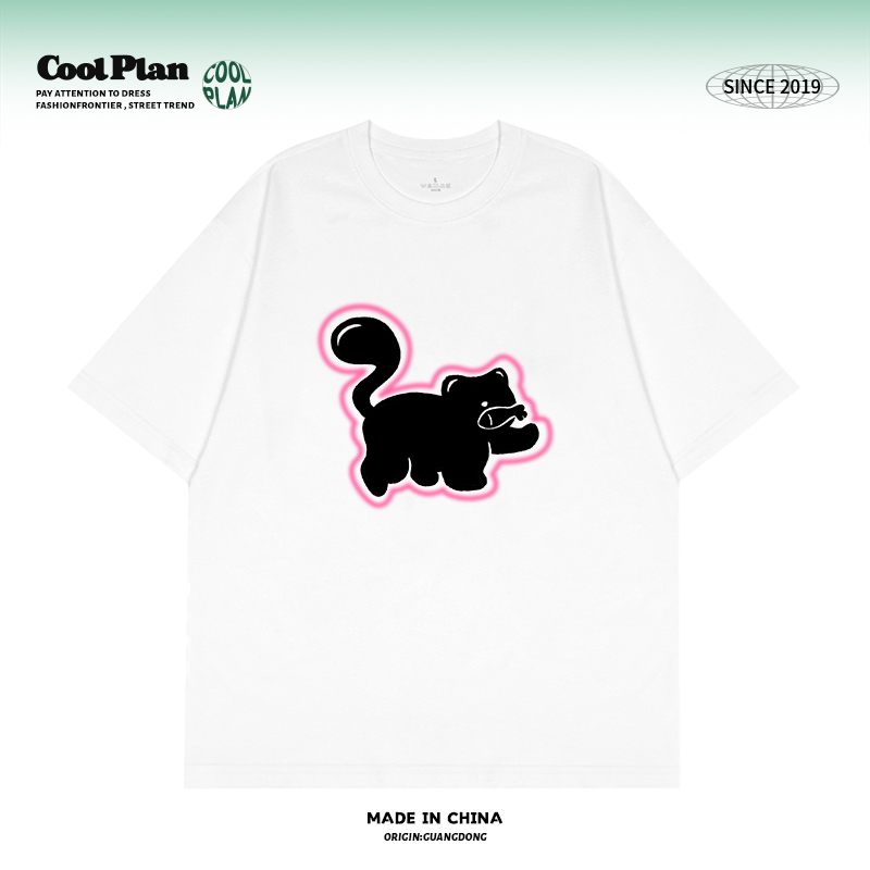 COOLPLAN潮牌美式猫咪印花复古宽松短袖美式慵懒半袖T恤情侣夏
