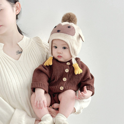 婴儿帽子秋冬季超萌卡通企鹅护耳帽男童女宝宝冬天加厚保暖毛线帽