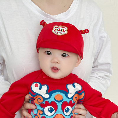婴儿帽子春秋新款宝宝红色喜庆鸭舌帽小月龄外出遮阳新生儿护囟门