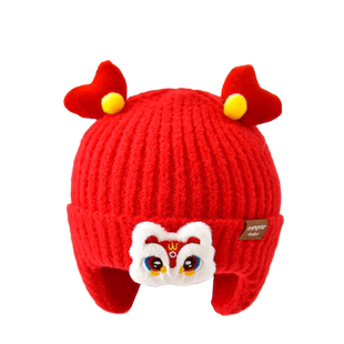 宝宝帽子婴儿秋冬季新年红色圣诞男女童保暖加厚冬天套头护耳帽