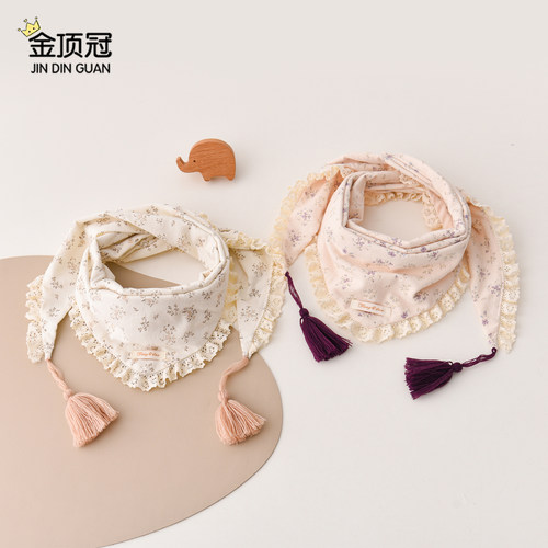 儿童三角巾纯棉碎花蕾丝花边宝宝口水巾流苏装饰围巾