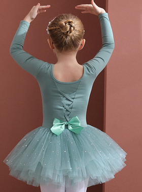 舞蹈服儿女童长袖春秋豆绿色女孩练功服开档连体芭蕾舞中国舞裙