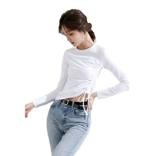 纯棉长袖t恤女露肚脐白色打底衫短款内搭抽绳上衣不规则纯色白体