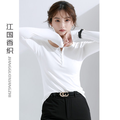 白色新款修身风春季螺纹v领t恤
