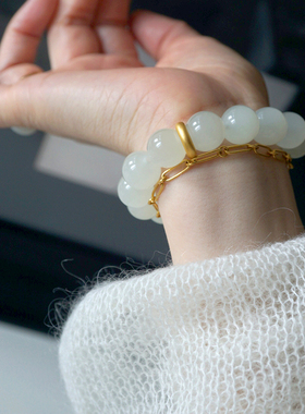 良器艺术冰色j青玉圆珠手串和田玉设计款珠串纯金配饰