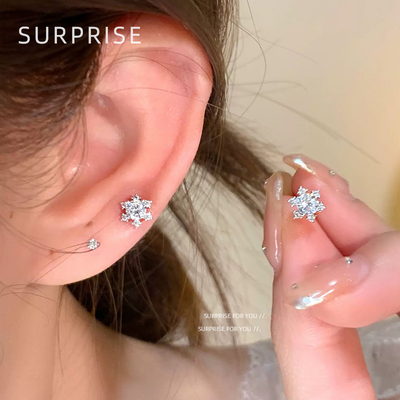 Surprise 999纯银闪钻雪花耳钉女养耳洞免摘螺丝拧扣高级感耳骨钉
