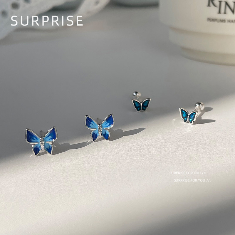 Surprise 999纯银蓝蝴蝶耳钉女养耳洞睡觉免摘螺丝拧扣耳骨耳蜗钉