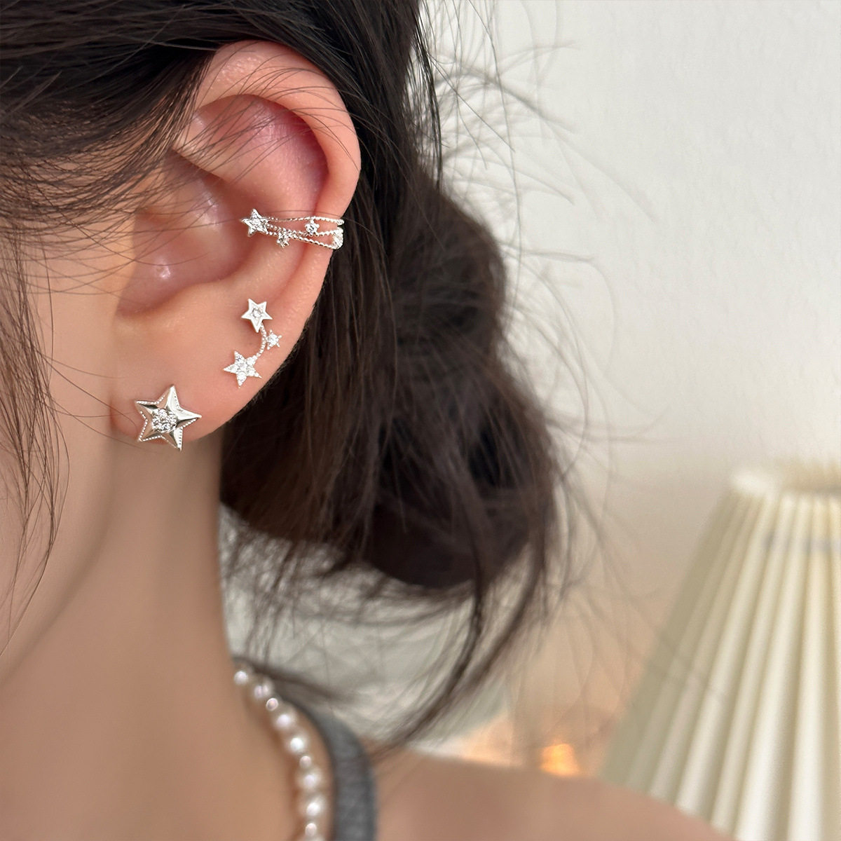 Surprise 999纯银五角星星耳钉女养耳洞小众设计耳环耳夹叠戴耳饰